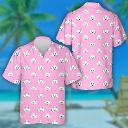 Cartoon Poodle Dog On Pink Geometric Hawaiian Shirt, Hawaiian For Gift