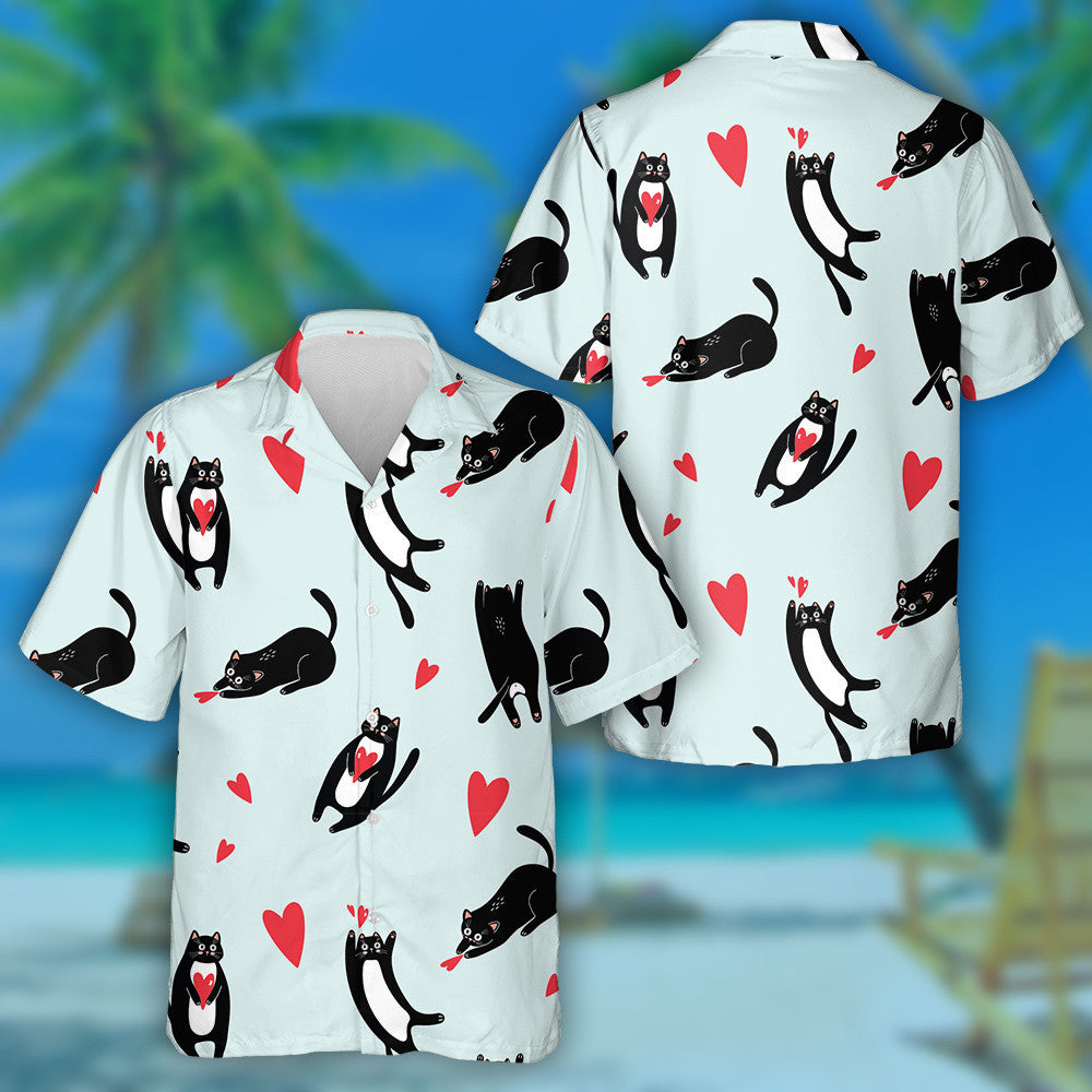 Black Domestic Cats And Hearts On A Blue Background Hawaiian Shirt, Hawaiian Shirt Gift, Christmas Gift