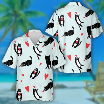 Black Domestic Cats And Hearts On A Blue Background Hawaiian Shirt, Hawaiian Shirt Gift, Christmas Gift