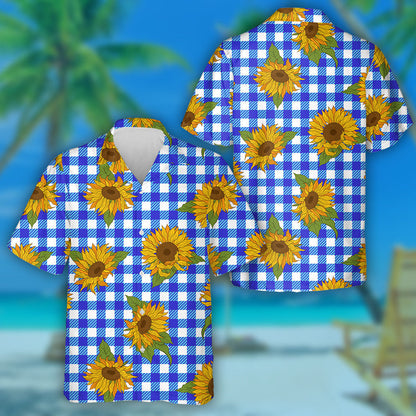 Vibrant Bright Sunflowers On Dark Blue Checkered Background Hawaiian Shirt, Hawaiian Shirt Gift, Christmas Gift
