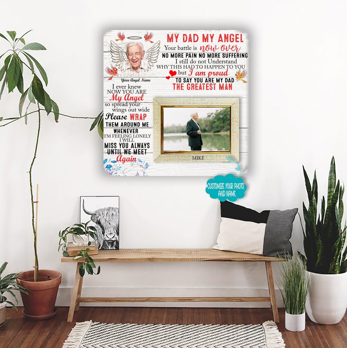 My dad my heaven in heaven Memorial Picture Frame - Keepsake Plaque That Holds a custom Photo - Sympathy Gift to Tribute The Loss of a Loved One