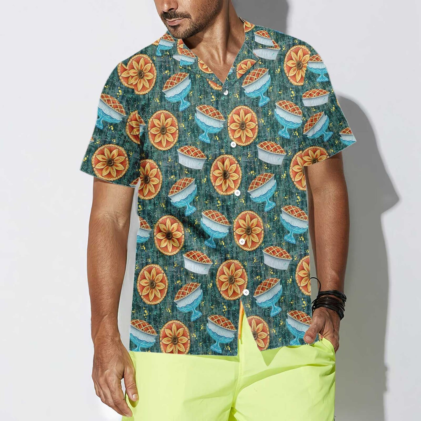 Dark Cyan Background Thanksgiving Autumn Pie Design Hawaiian Shirt, Hawaiian Shirt Gift, Christmas Gift