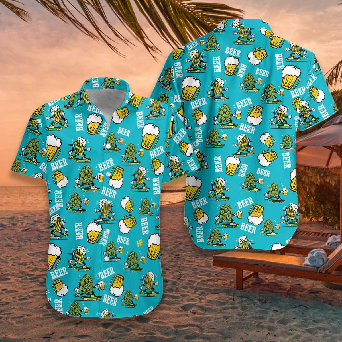 Funny Beer On Deep Sky Blue Design Hawaiian Shirt, Hawaiian Shirt Gift, Christmas Gift
