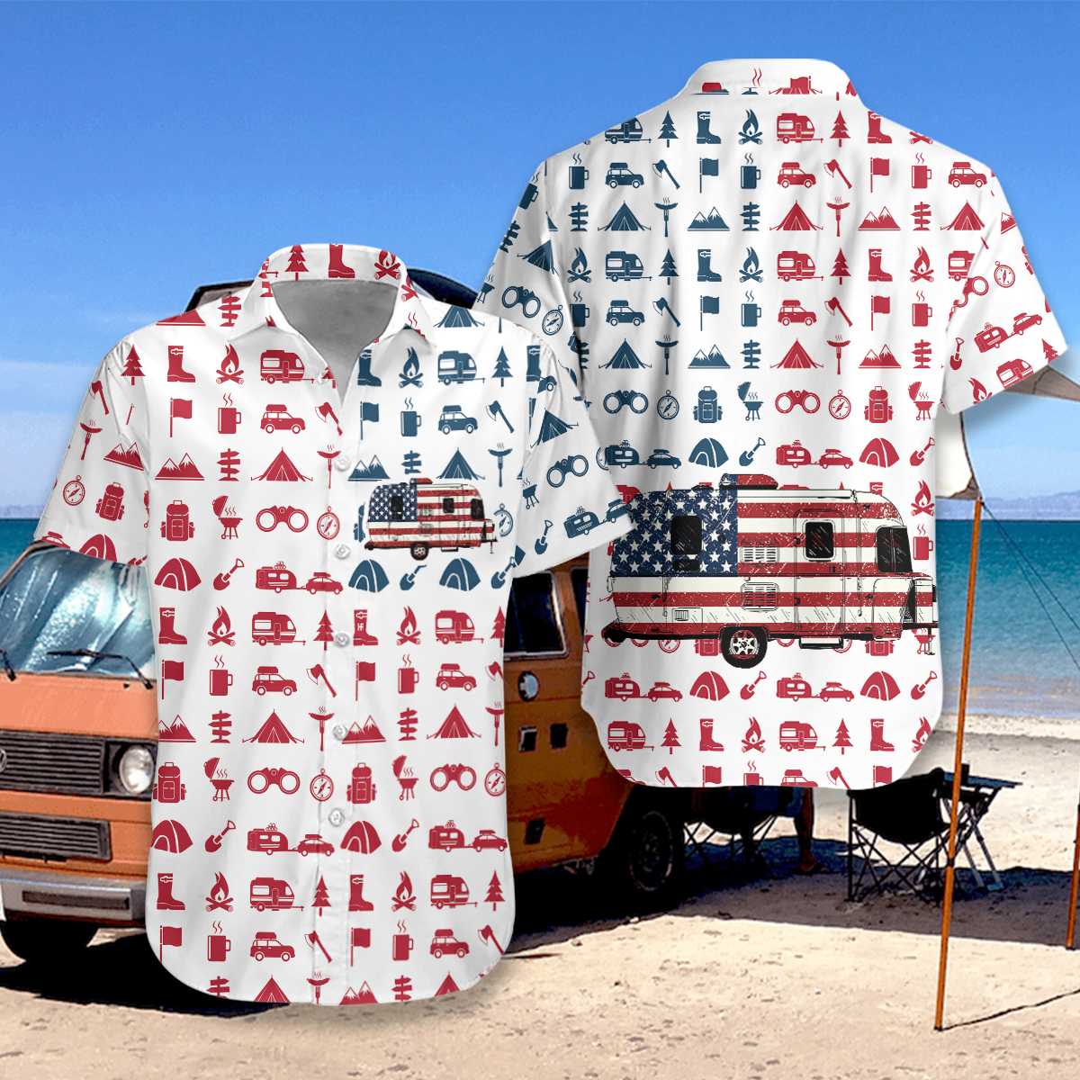 Campervan American Flag Hawaiian Shirt _ Hawaiian Shirts -Hawaiian Shirt Gift, Christmas Gift