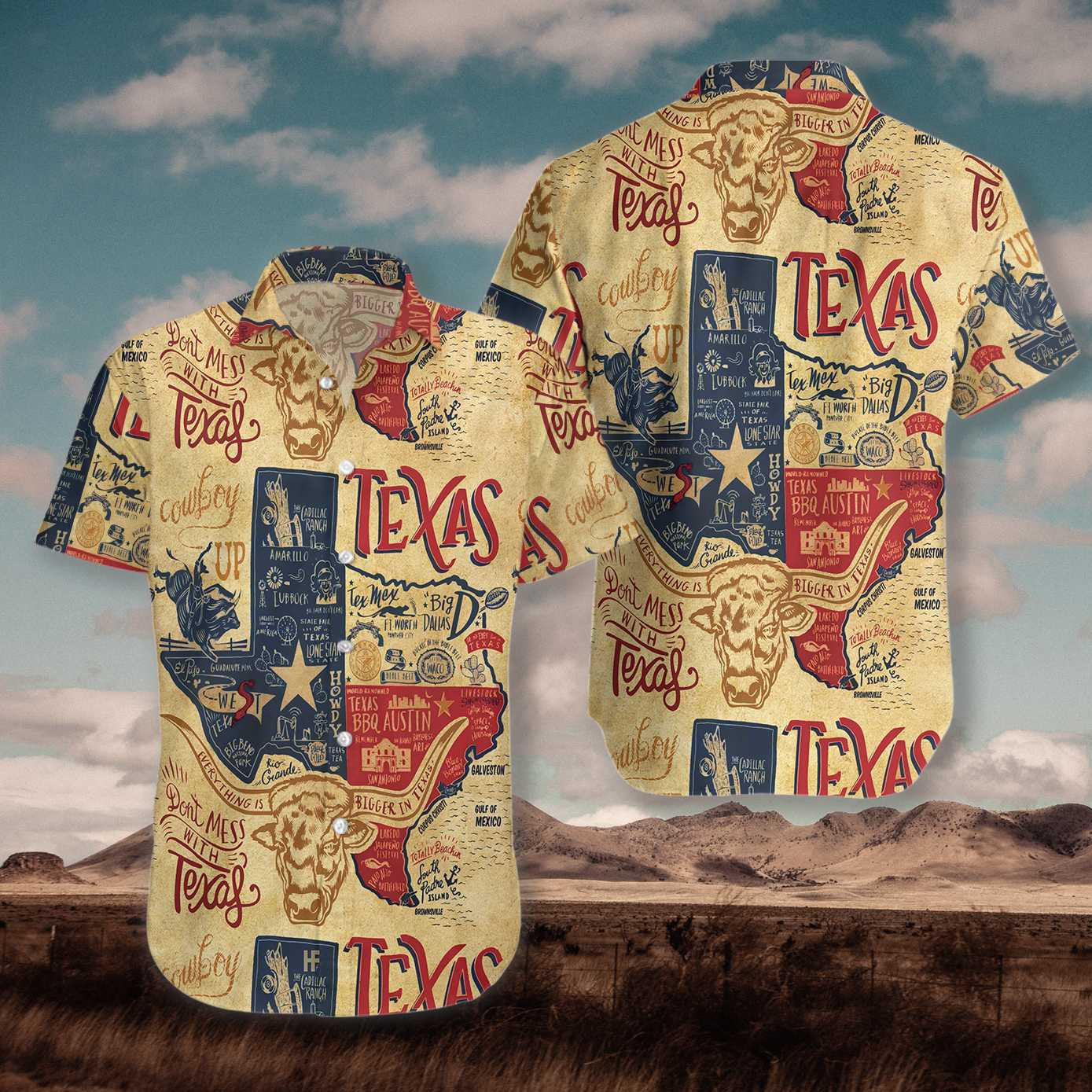 Vintage Background Don't Mess With Texas Longhorns Design Hawaiian Shirt, Hawaiian Shirt Gift, Christmas Gift