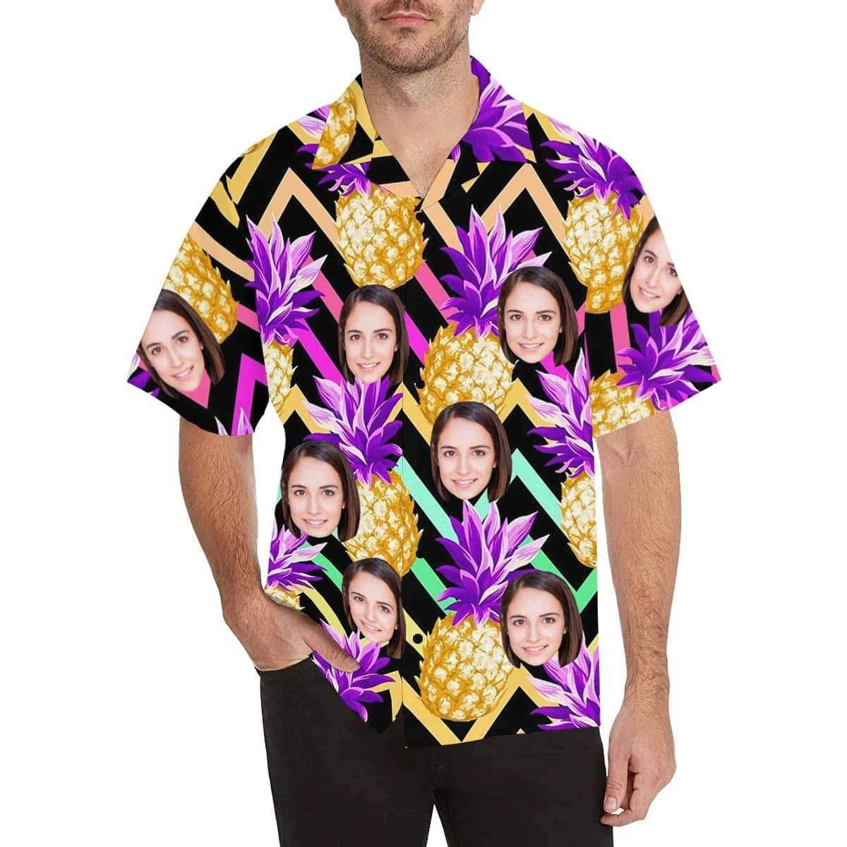 Custom Face Golden Pineapple Men's All Over Print Hawaiian Shirt, Hawaiian Shirt Gift, Christmas Gift
