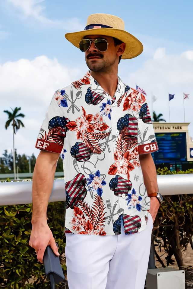 Maroon And White American Flag Chef Hawaiian Shirt,Hawaiian Shirt Gift, Christmas Gift