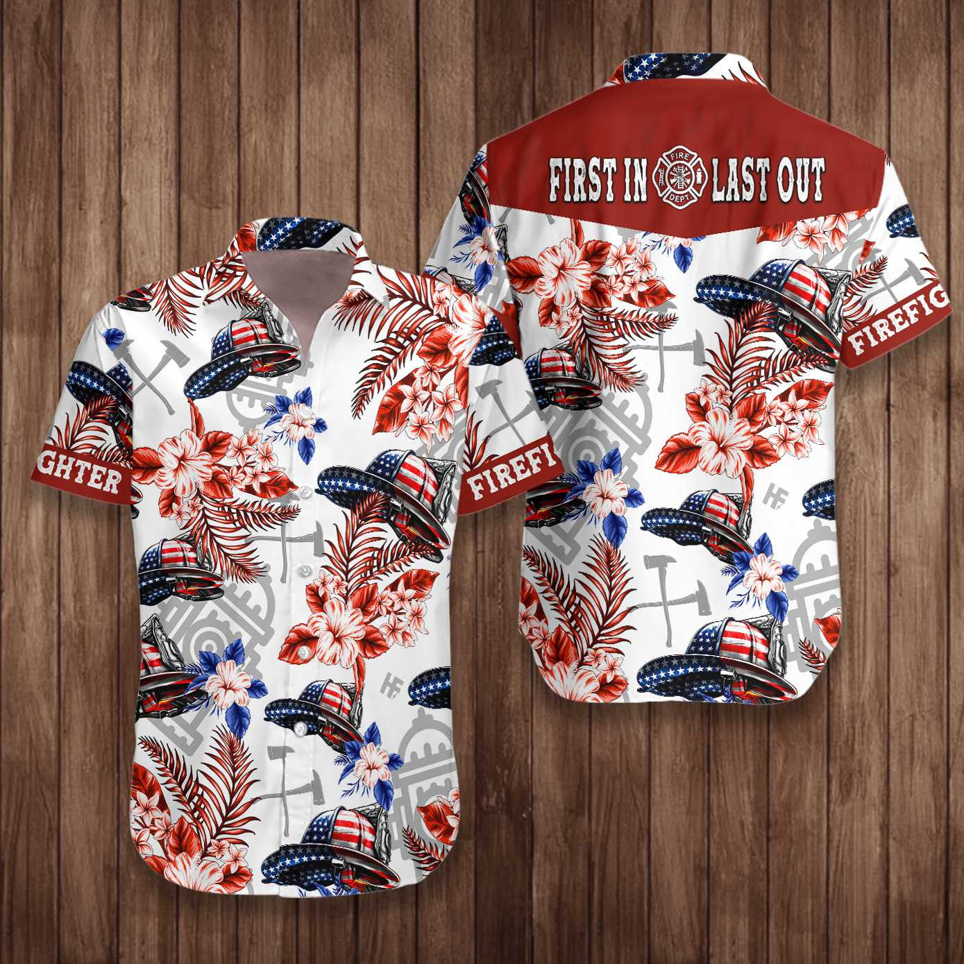American Flag Helmet Firefighter Seamless Pattern Design Hawaiian Shirt, Hawaiian Shirt Gift, Christmas Gift
