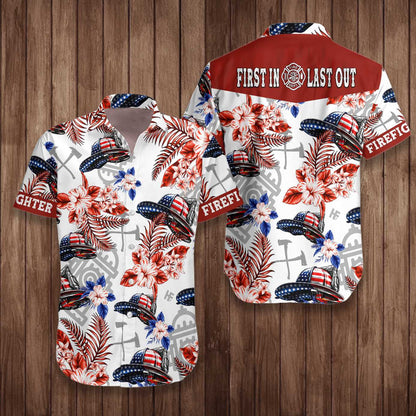 American Flag Helmet Firefighter Seamless Pattern Design Hawaiian Shirt, Hawaiian Shirt Gift, Christmas Gift