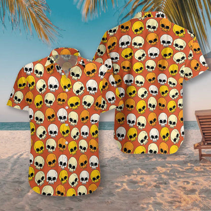 Cute Skull Pattern Orange Background Hawaiian Shirt,Hawaiian Shirt Gift, Christmas Gift