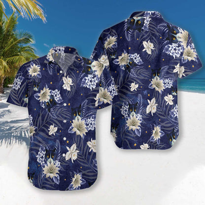 Black Cat With White Flower Pattern Blue Design Hawaiian Shirt, Hawaiian Shirt Gift, Christmas Gift