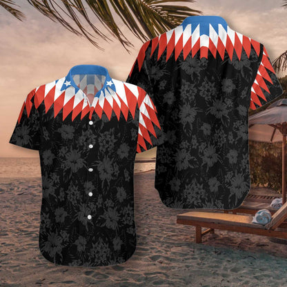 US Flower Vintage Red And Blue Geometric Design Hawaiian Shirt, Hawaiian Shirt Gift, Christmas Gift