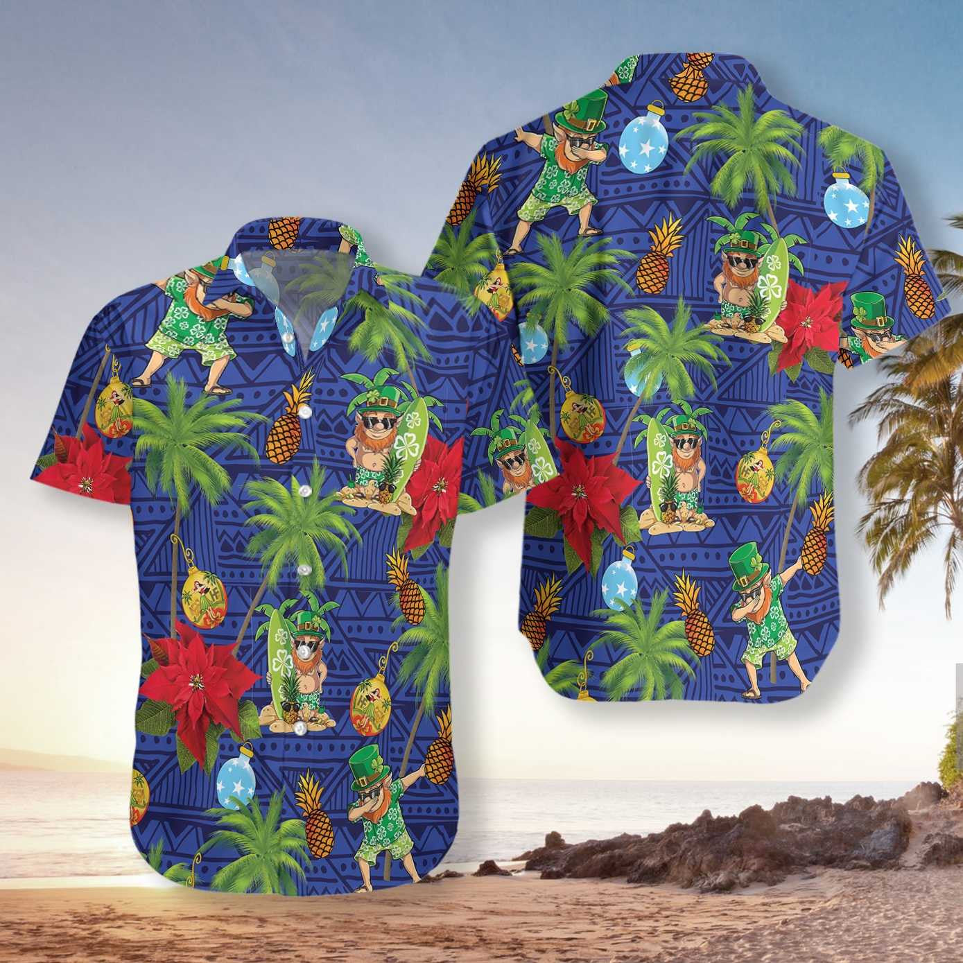 Leprechaun Surfing On Blue Background Hawaiian Shirt, Hawaiian Shirt Gift, Christmas Gift