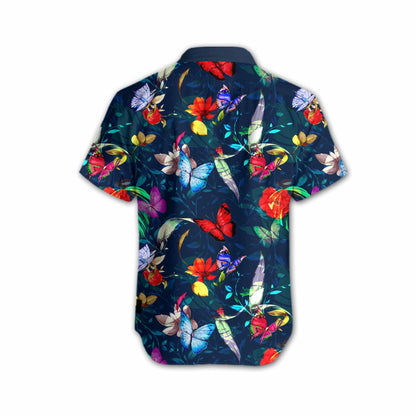 Butterly Flower On Dark Blue Design Hawaiian Shirt, Hawaiian For Gift