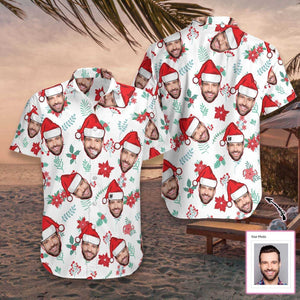 Funny Face Christmas Pattern Seamless Custom Photo Hawaiian Shirt, Hawaiian Shirt Gift, Christmas Gift