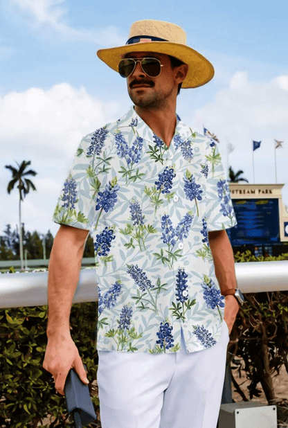 Chicago Bluebonnet Flag And Leaves Pattern Hawaiian Shirt, Hawaiian For Gift