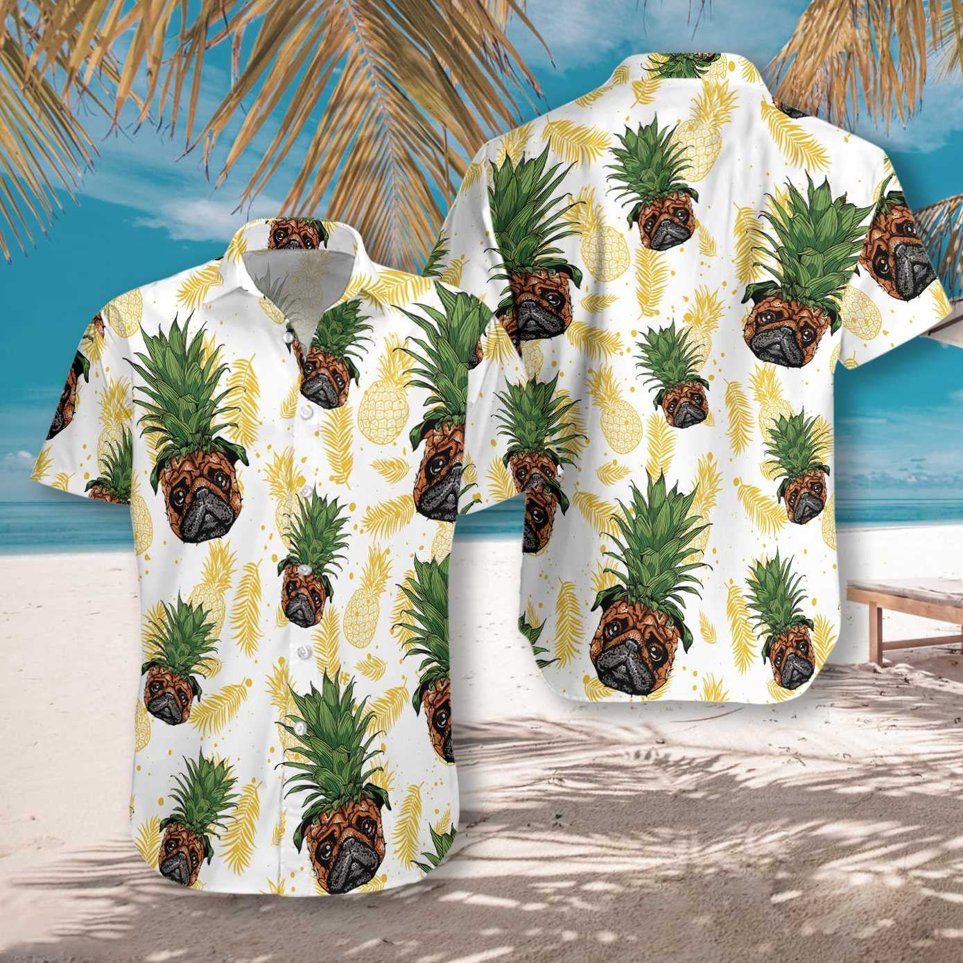 Pug Pineapple Head Funny Design White Background Hawaiian Shirt, Hawaiian Shirt Gift, Christmas Gift