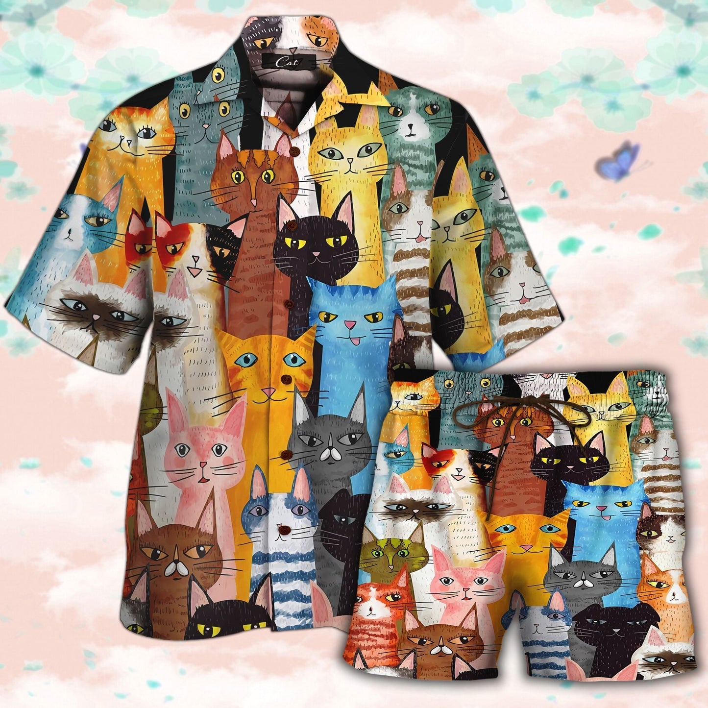 Cat Colorful Tropical Background Design Hawaiian Shirt And Short, Hawaiian Shirt Gift, Christmas Gift