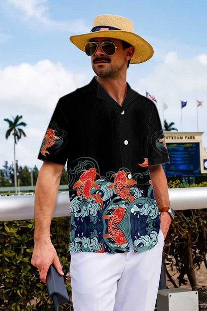 Golden Koi Fish On Black Background Hawaiian Shirt,Hawaiian Shirt Gift, Christmas Gift