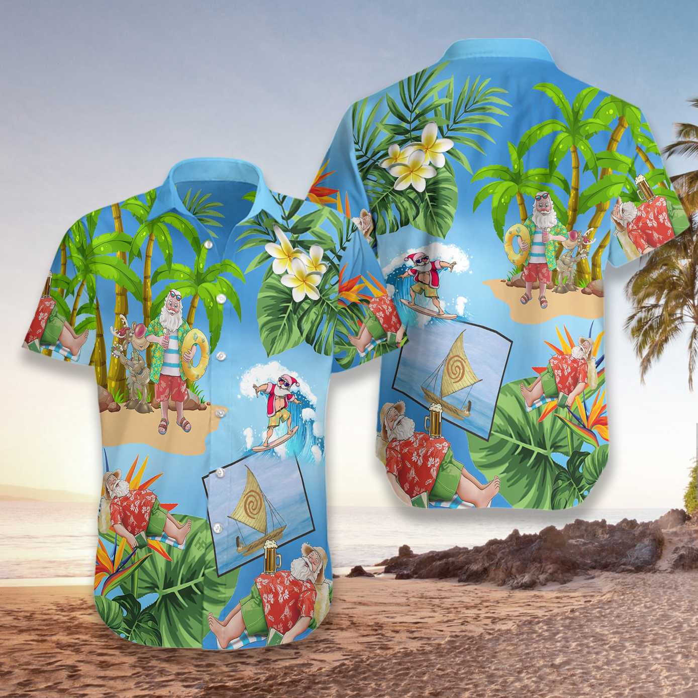Frohe Weihnachten, Weihnachtsmann am Strand, Hawaiihemd, Hawaiihemd-Geschenk, Weihnachtsgeschenk.
