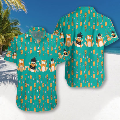 Funny Cat With Tiny Ukulele Turquoise Background Hawaiian Shirt, Hawaiian Shirt Gift, Christmas Gift