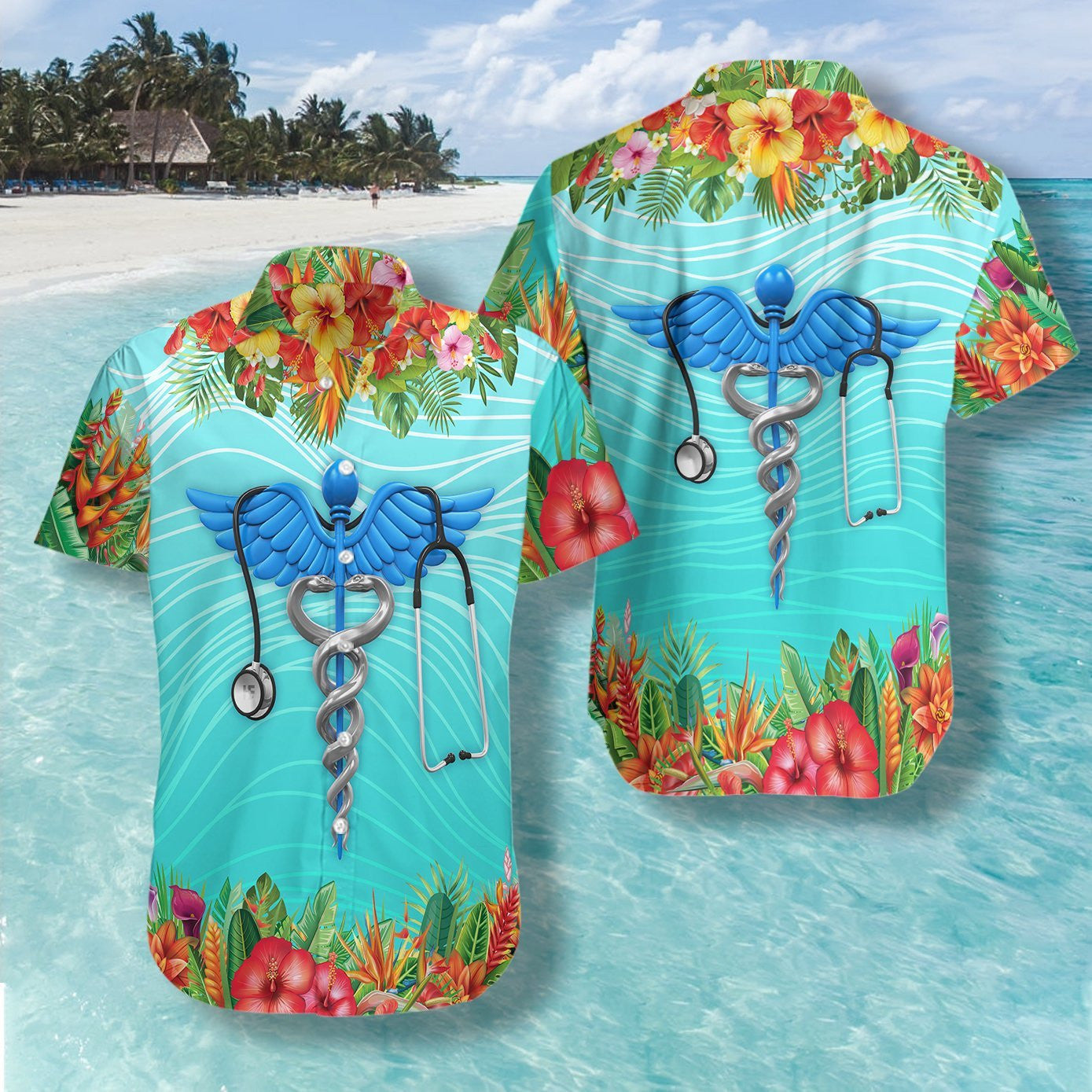 Nurse And Blue Wing Pattern Hawaiian Shirt, Hawaiian Shirt Gift, Christmas Gift