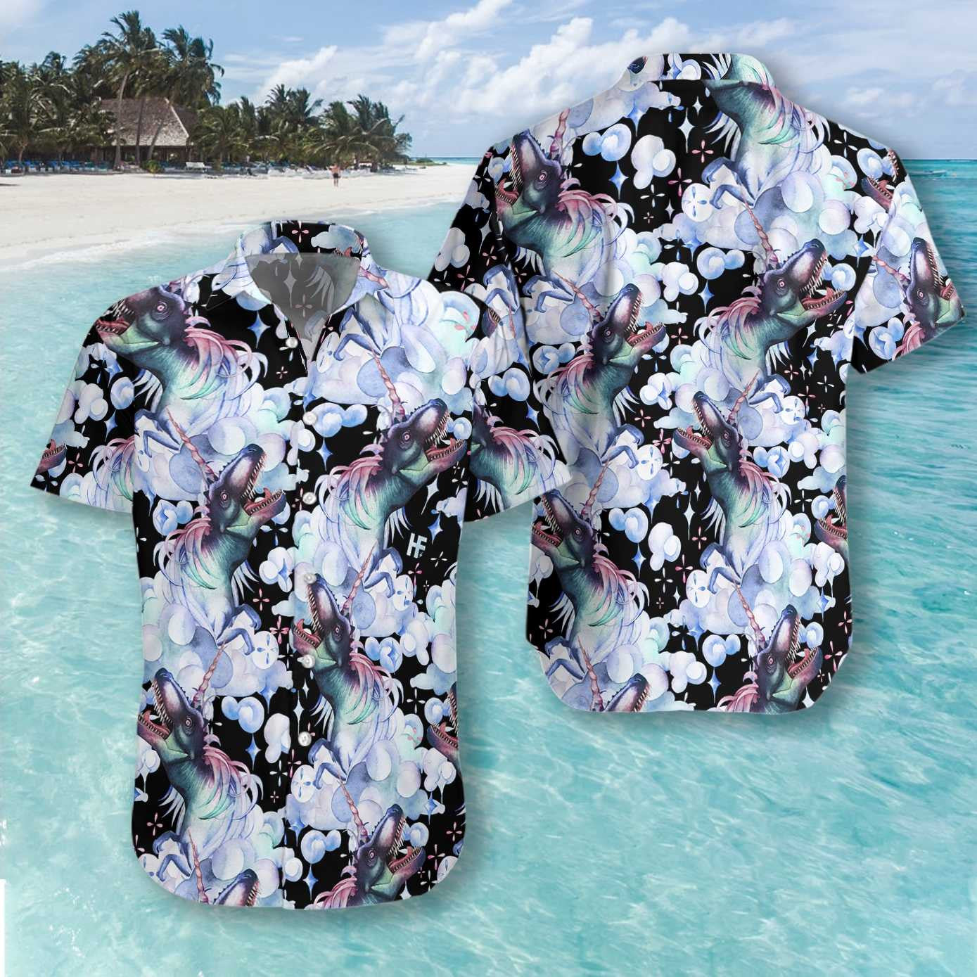 Unicorn T-Rex Dinosaur Dreamy Design Black Theme Hawaiian Shirt, Hawaiian Shirt Gift, Christmas Gift