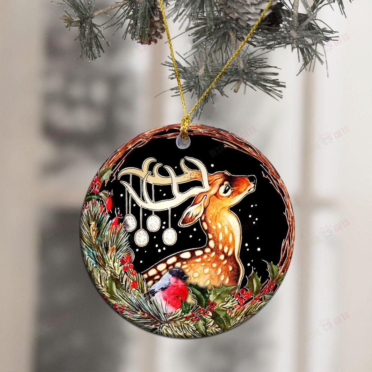 Christmas Deer Round Ceramic Ornament, Christmas Gift, Christmas Decoration