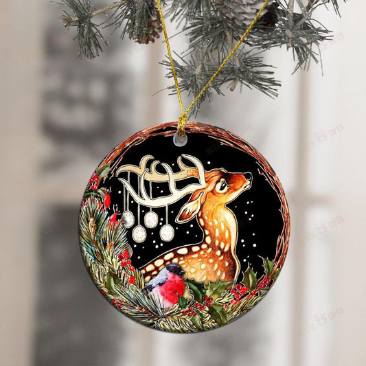Christmas Deer Round Ceramic Ornament, Christmas Gift, Christmas Decoration