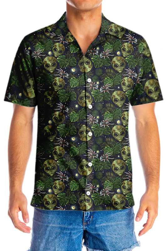 Cool Design Hawaiian Shirt Alien And Spider In Night Tropical Forest, Hawaiian Shirt Gift, Christmas Gift