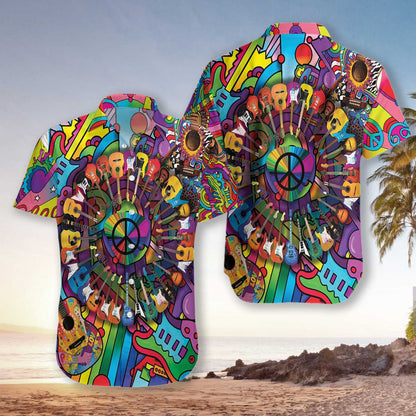 Peace Love Music Funny Guitar Pattern Colorful Design Hawaiian Shirt, Hawaiian Shirt Gift, Christmas Gift