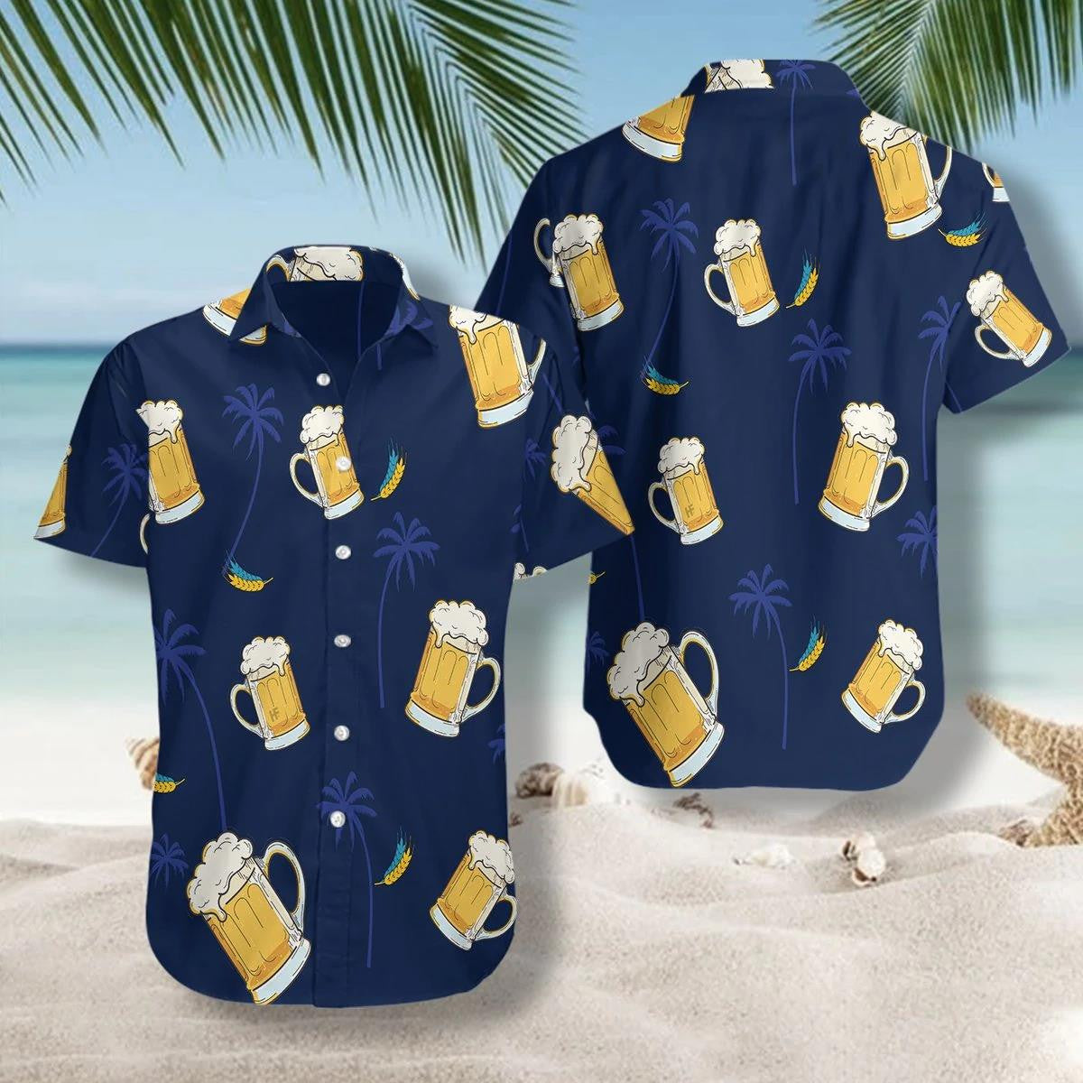 Glass Of Beer Cheers Palms At Night Design Hawaiian Shirt, Hawaiian Shirt Gift, Christmas Gift