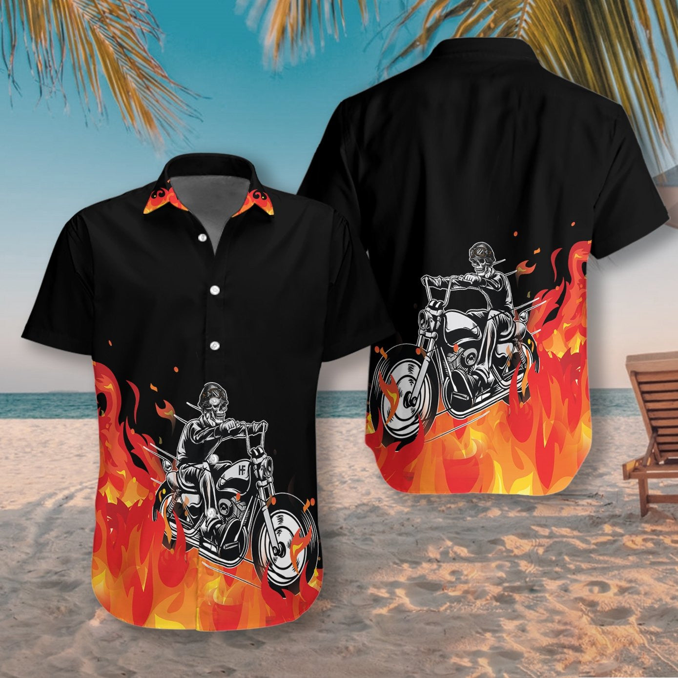Motorbike Skull With Fire Pattern Black Theme Hawaiian Shirt, Hawaiian Shirt Gift, Christmas Gift