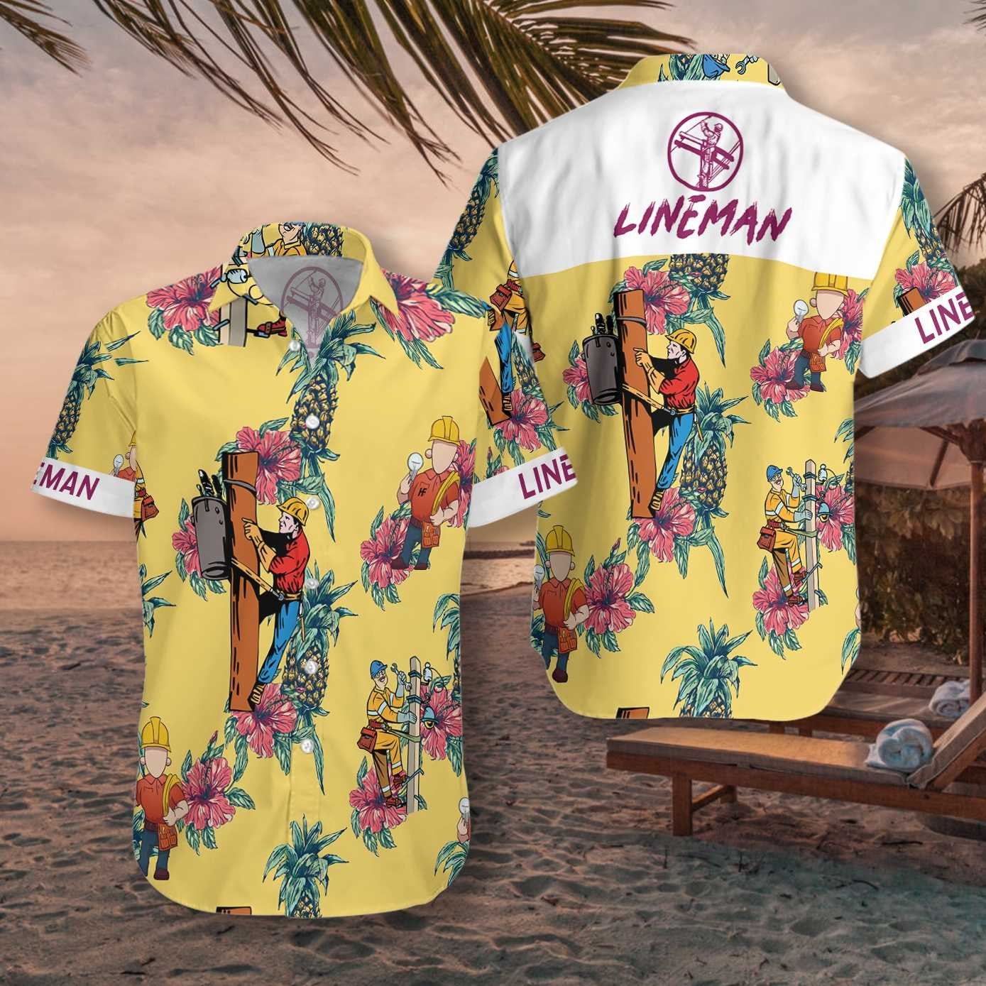 Lineman Pineapple On Yellow Design Hawaiian Shirt, Hawaiian Shirt Gift, Christmas Gift