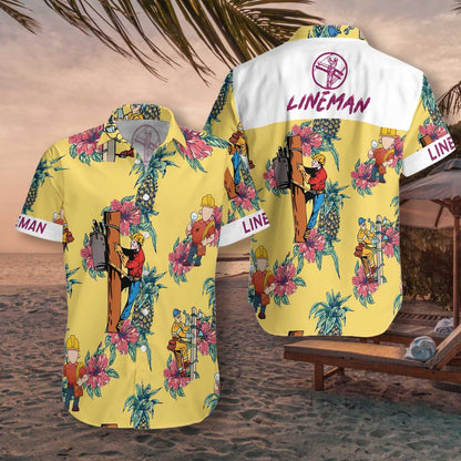 Lineman Pineapple On Yellow Design Hawaiian Shirt, Hawaiian Shirt Gift, Christmas Gift