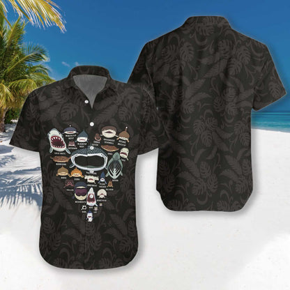 Shark Team Making A Heart Shape Dark Theme Hawaiian Shirt, Hawaiian Shirt Gift, Christmas Gift