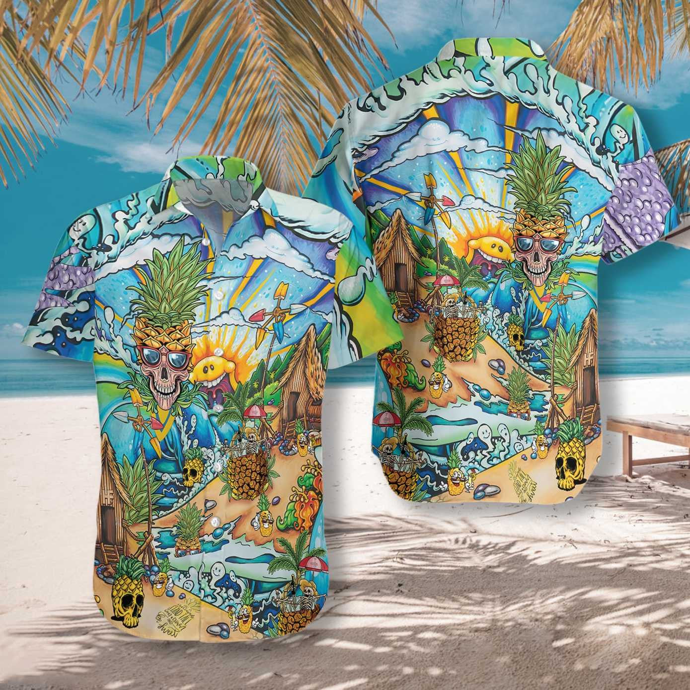 Pineapple Skull Beach Funny Design Hawaiian Shirt,Hawaiian Shirt Gift, Christmas Gift