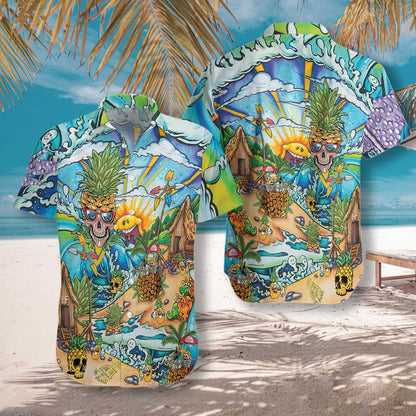 Pineapple Skull Beach Funny Design Hawaiian Shirt,Hawaiian Shirt Gift, Christmas Gift