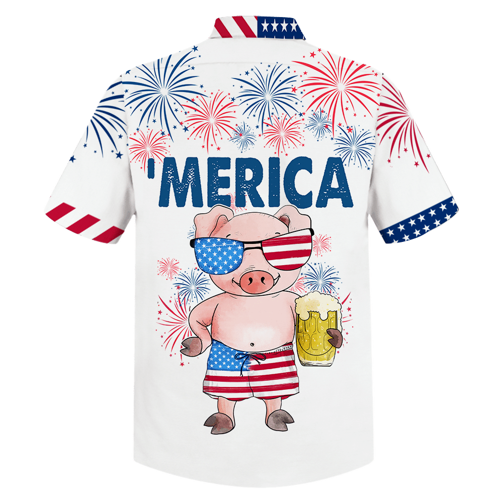 Cute Merica Pink Pig Design Hawaiian Shirt,Hawaiian Shirt Gift, Christmas Gift