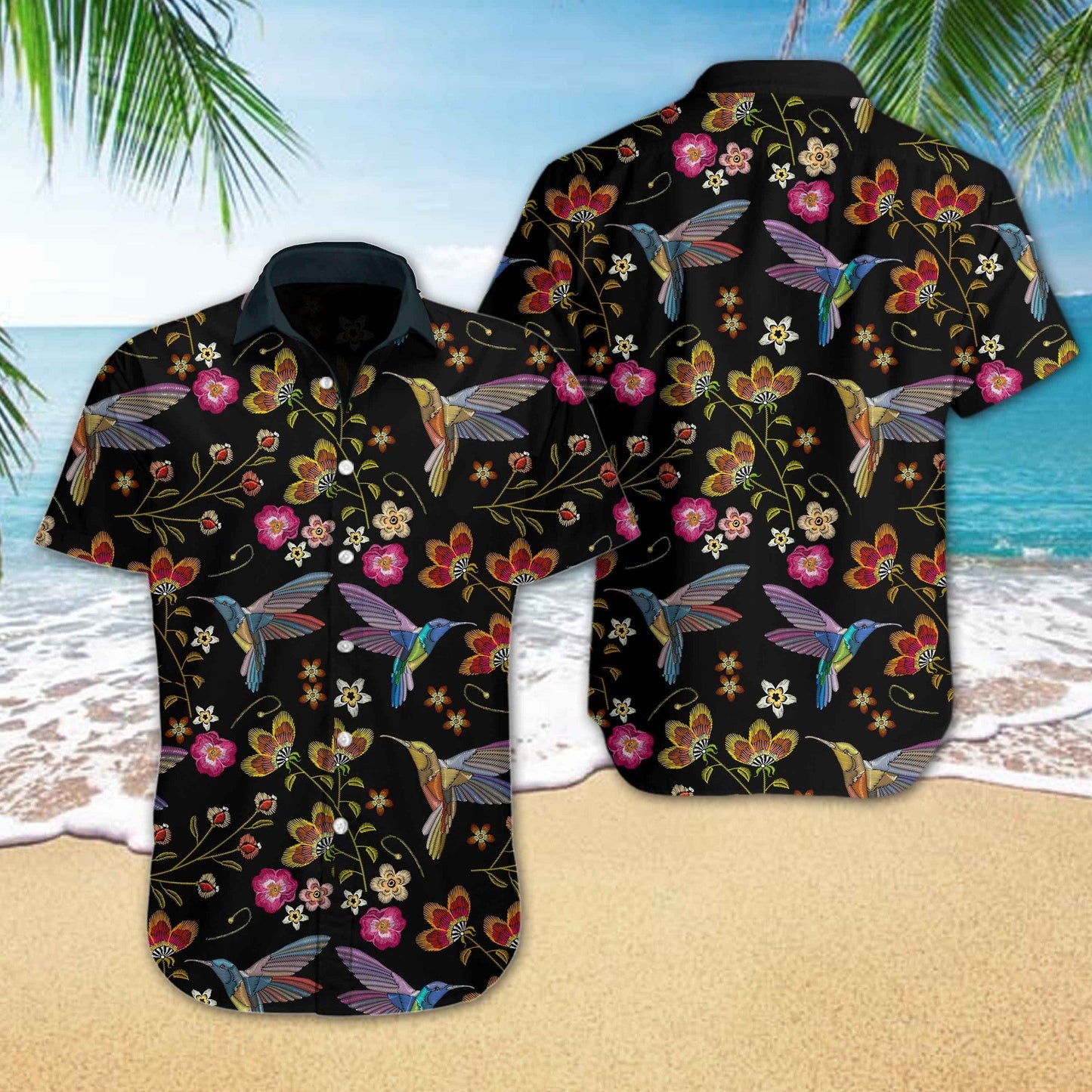 Night Hummingbird Embroidery The Blooming Season Design Hawaiian Shirt, Hawaiian Shirt Gift, Christmas Gift