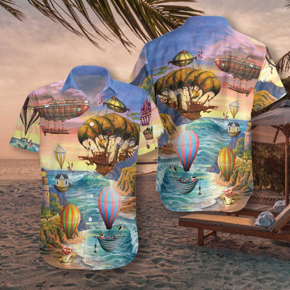 Hot Air Balloon On Beach Nice Scene Hawaiian Shirt, Hawaiian Shirt Gift, Christmas Gift