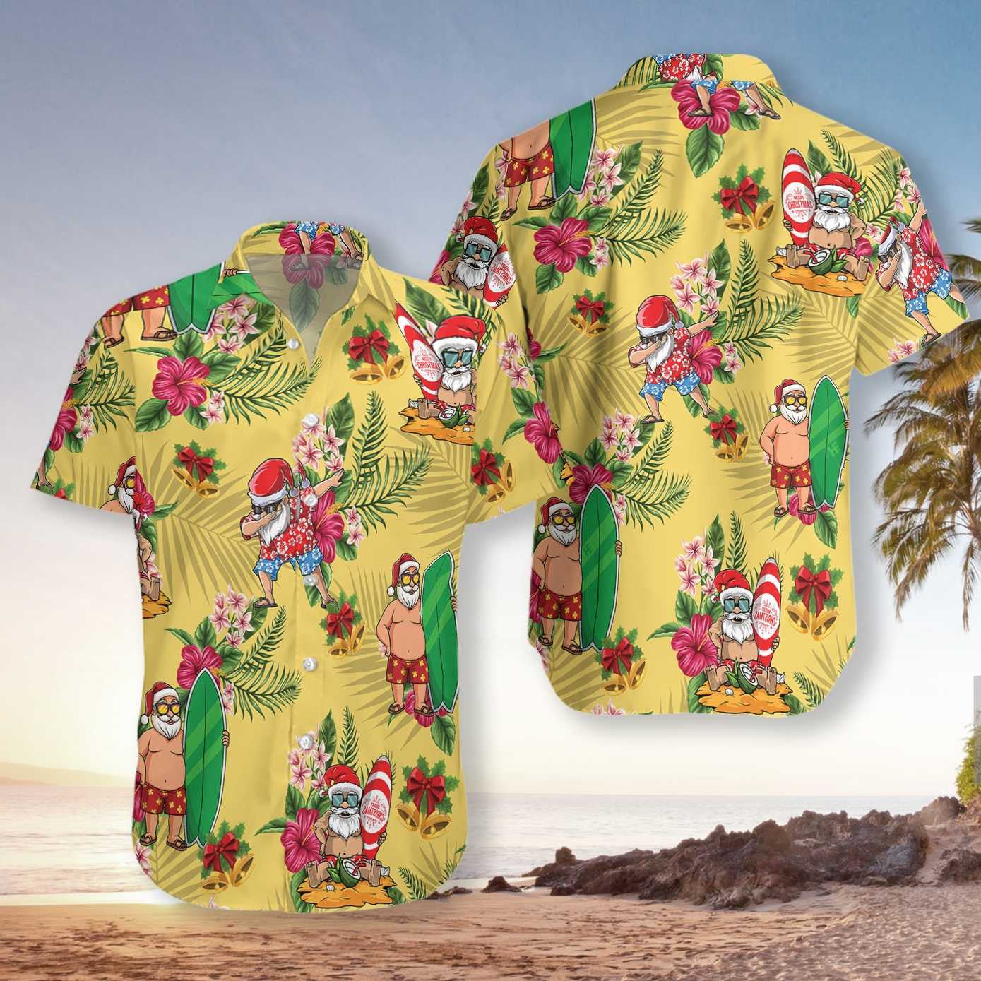 Merry Christmas Santa Claus Surfing Yellow Background Hawaiian Shirt, Hawaiian Shirt Gift, Christmas Gift
