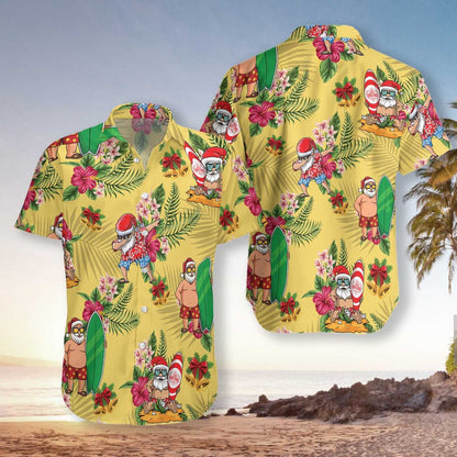 Merry Christmas Santa Claus Surfing Yellow Background Hawaiian Shirt, Hawaiian Shirt Gift, Christmas Gift