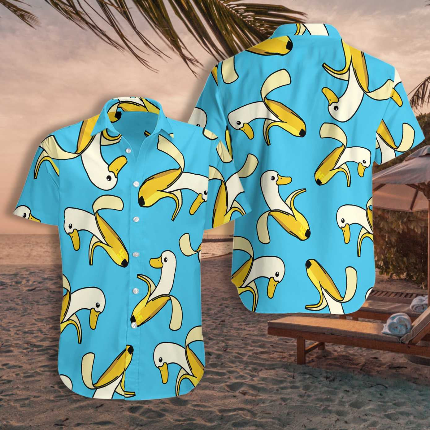 Funny Cute Banana Duck Hawaiian Shirt Deep Sky Blue, Hawaiian Shirt Gift, Christmas Gift