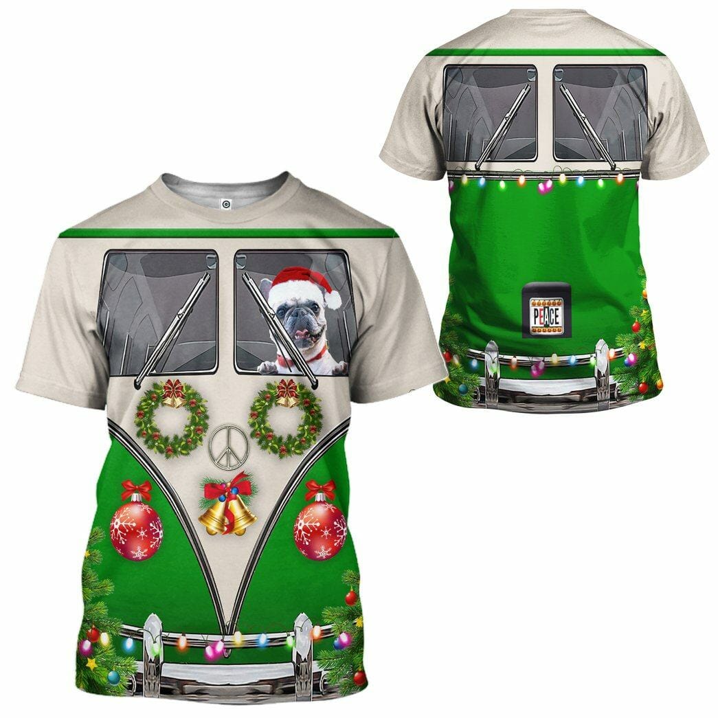 3D Bulldogs fahren Hippie-Autos zu Weihnachten Custom T-Shirt Bekleidung