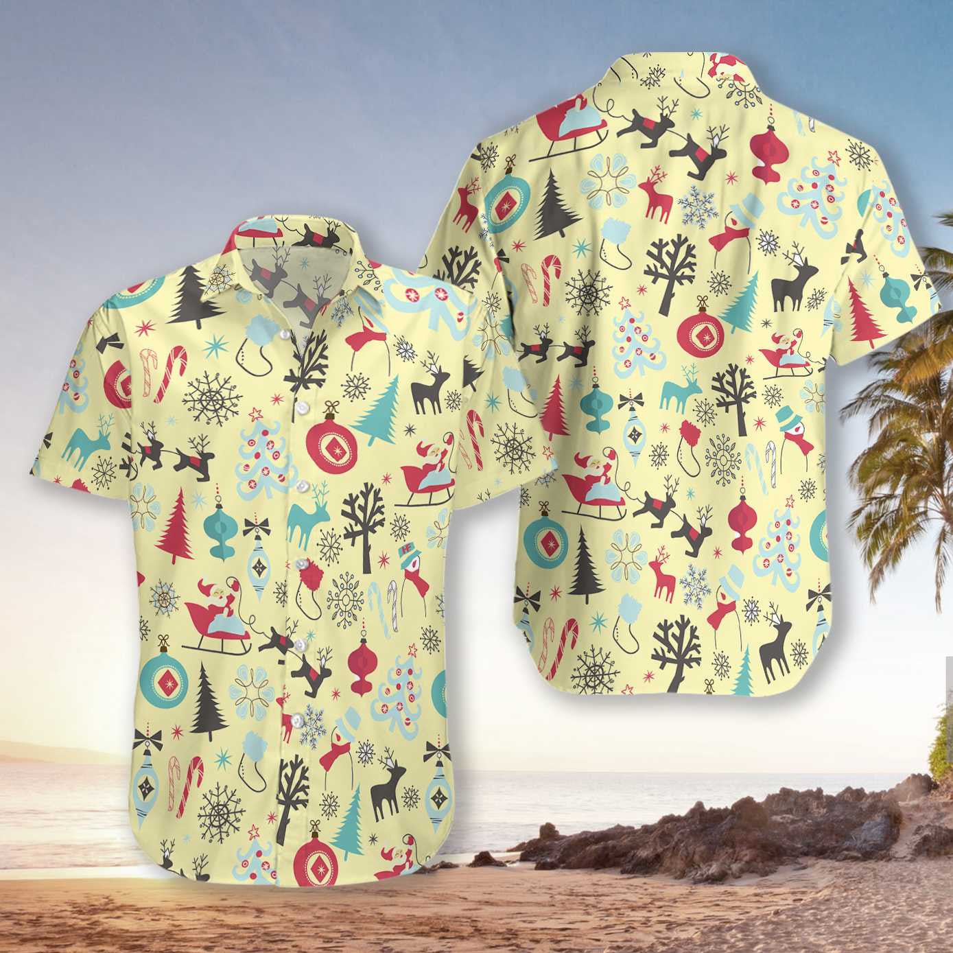 Frohe Weihnachten Muster auf Creme Hintergrund Design Hawaiian Shirt, Hawaiian Shirt Geschenk, Weihnachtsgeschenk