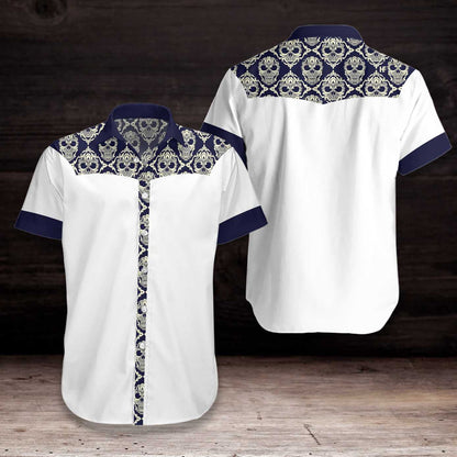 Ornamental Skull Seamless Pattern Blue And White Design Hawaiian Shirt, Hawaiian Shirt Gift, Christmas Gift