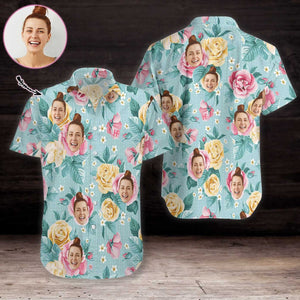 Watercolor Pink And Yellow Roses Custom Photo Hawaiian Shirt, Hwaiian For Gift