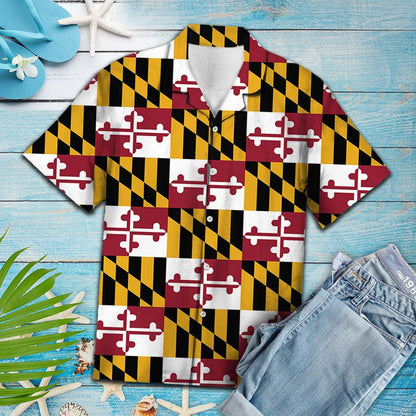 Classic Maryland Flag Yellow And Black Check Pattern Hawaiian Shirt, Hawaiian Shirt Gift, Christmas Gift