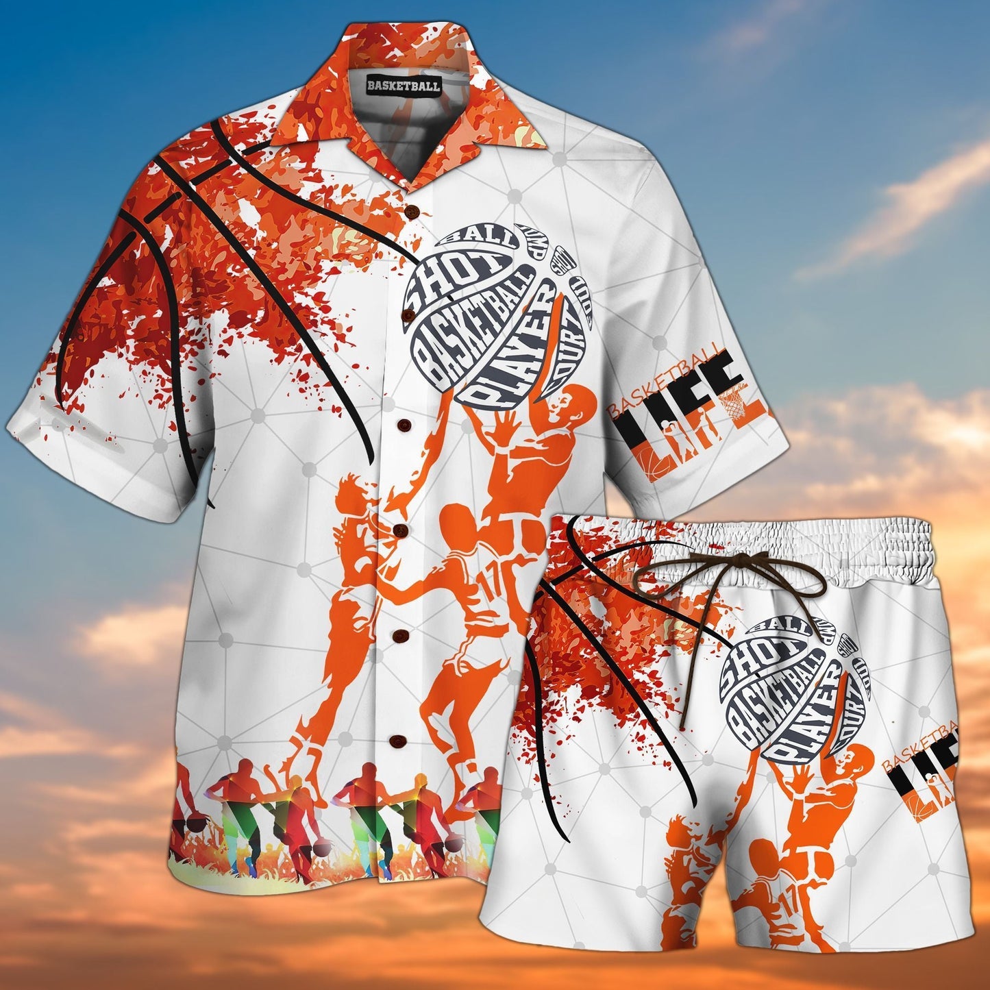 Playing Basketball On White Crazy Ornamental Hawaiian Shirt And Shorts, Hawaiian Shirt Gift, Christmas Gift